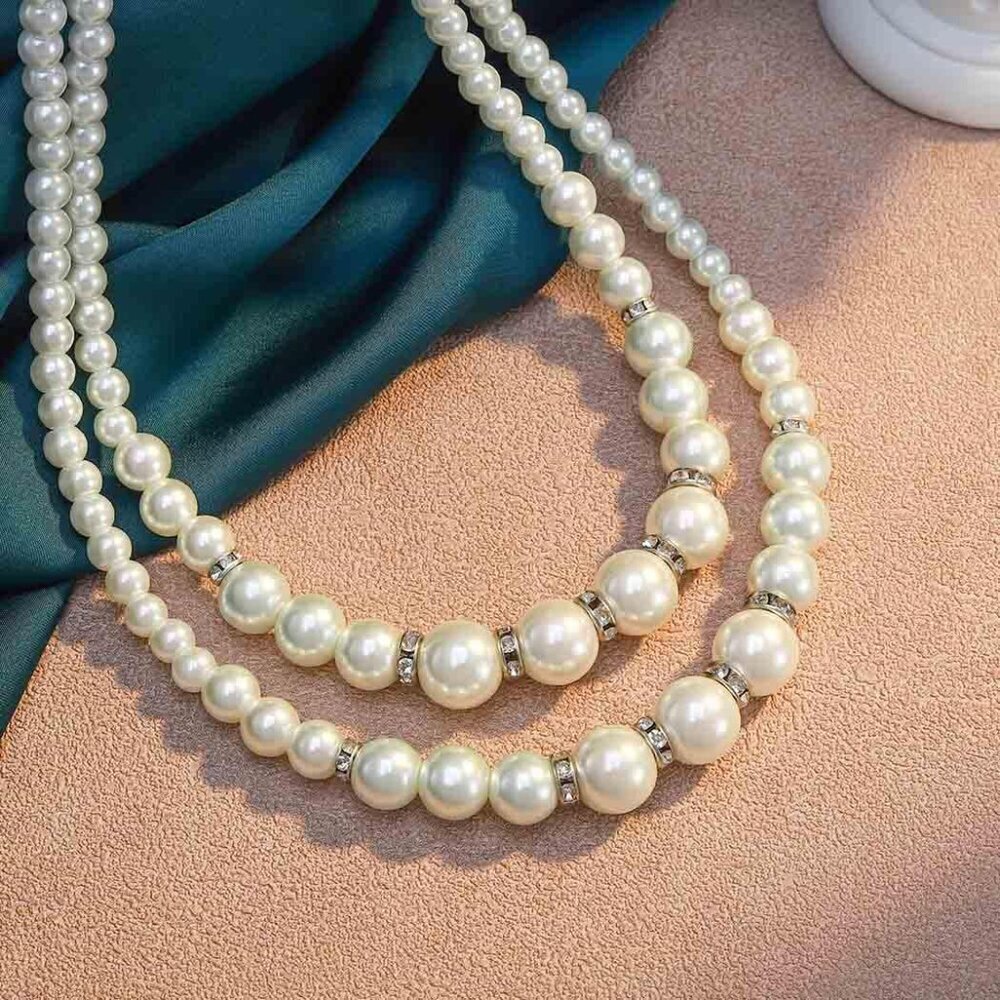 Vintage Pearl Jewelry Set Bridal Necklace Earrings Silver Crystal Brooch - Picture 9 of 9
